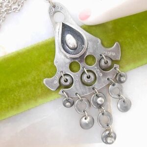 Vintage Brutalist Pendant Necklace Modernist Pewter Dangle Mid Century Jewelry